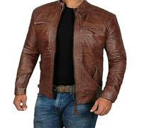 GaoLeAve Chaqueta de piel sintética para hombre, otoño, invierno, ocio, estilo motero, abrigo de poliuretano, con bolsillos con cremallera, cuello redondo grueso, marrón, L