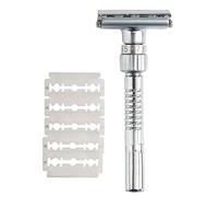 Gaoominy Maquinilla de Afeitar con Mariposa de Doble Filo Apertura Torcida Ajuste Radical de 9 Velocidades en Forma de T de Delantera Enviado 5 Cuchillas y Caja de Almacenamiento,Sin Base