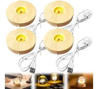 GAOUTO 4 unidades de base de madera LED, 3 colores, iluminación de madera ajustable, base de luz LED, soporte de iluminación de madera, soporte USB redondo para exhibición, cristal, acrílico, joyas de
