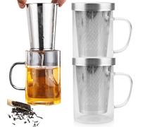 GAOUTO Juego de 2 tazas de té con colador, 500 ml, grandes vasos de té con asa y tapa de acero inoxidable, acero inoxidable, color plateado, vasos de té de vidrio de borosilicato, taza de té con tapa