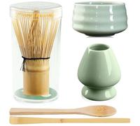 GAOUTO Juego de té matcha de 5 piezas, juego de té matcha con escoba matcha, cuenco de cerámica, escoba matcha de bambú, soporte para escoba de cerámica, cuenco de matcha hecho a mano, set de regalo
