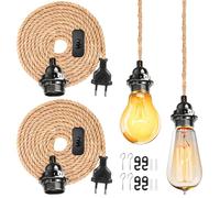 GAOUTO Lámpara Colgante Vintage: 2 Piezas Kit De Lámpara Colgante DIY Con Enchufe, Portalámpara E27 Rústico Con Cuerda De Cáñamo, Lámpara Colgante Plug-In Para Cocina, Comedor Y Loft (4.5M, Negro)