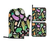 Garabato de Comida de Verduras en la Oscuridad,Juego de 4 Manoplas y agarraderas para Horno, Antideslizantes, Resistentes al Calor.
