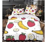 Garabato de fresa y plátano Impresión 3D 3 piezas funda de colchón Patrón de fruta dibujado a mano funda de edredón microfibra morbida cierre cremallera para chicas hombres adultos Double（200x200cm）