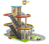 Garaje de madera con 3 niveles y calle de juego, ascensor, lavadero, 3 coches, 1 helicóptero, 1 barrera, gasolinera
