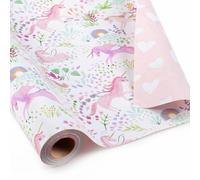 Garbendy Papel de regalo reversible, mini rollo, 17 pulgadas x 32.8 pies, diseño de unicornio, plantas coloridas y corazón rosa para cumpleaños de niñas, fiesta, baby shower, vida diaria