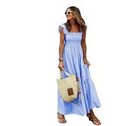 GARCAN Vestido Casual a Cuadros para Mujer Vestido Maxi Elástico con Cuello Halter a Cuadros De Collage Vestido Casual De Playa De Verano Vestido Midi Suelto con Botones Y Cuello,Sky Blue,L