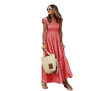 GARCAN Vestido Casual a Cuadros para Mujer Vestido Maxi Elástico con Cuello Halter a Cuadros De Collage Vestido Casual De Playa De Verano Vestido Midi Suelto con Botones Y Cuello,Rojo,3XL
