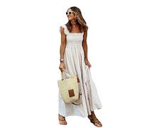 GARCAN Vestido Casual a Cuadros para Mujer Vestido Maxi Elástico con Cuello Halter a Cuadros De Collage Vestido Casual De Playa De Verano Vestido Midi Suelto con Botones Y Cuello,Off White,XL