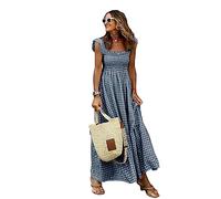 GARCAN Vestido Casual a Cuadros para Mujer Vestido Maxi Elástico con Cuello Halter a Cuadros De Collage Vestido Casual De Playa De Verano Vestido Midi Suelto con Botones Y Cuello,Negro,M