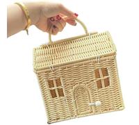 Garden Harvest Basket, 8x5x10 Inch House Shaped Rattan Picnic Basket with Lid & Handle, Button Closure Wicker Suitcase for Organizing, Storage