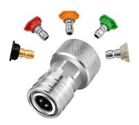 Garden Hose To Mini Power Washer Adapter-3/4 Ght To 1/4, Stainless Steel Leak-Proof Connector for Cars Garden Furniture Windows Driveways (Connector +5 Nozzle Set)
