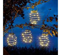 Garden Mile 4 luces LED solares en espiral para exteriores, juego de 4 faroles colgantes para jardín, luces blancas cálidas, luces en espiral de cobre, decoración de otoño al aire libre