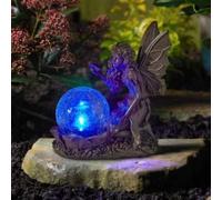 Garden Mile Estatua de hadas solar para exteriores, 19 cm, resistente a la intemperie, luces LED que cambian de color con globo agrietado, adorno de hadas de resina para decoración al aire libre