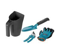 GARDENA 8966-30 - Herramientas, set de 4 piezas para cuidar el jardín, tijeras de podar universales, trasplantador, jarra multiusos, guantes transpirables 8/M