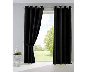 Gardinenbox Juego de 2 Cortinas Opacas Palermo con Ojales y alzapaños Decorativos, 100% poliéster, Color Negro, Alto x Ancho 245 x 140 cm