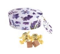 Gardiners of Scotland | Decoración de primavera de lata de metal Fudge | Caramelos de Fudge Inglés Mantequilla de Vainilla - 120 Gr | Lata de dulce de vainilla con estampado de flores moradas