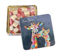 Gardiners of Scotland | Decoraciones de jirafa en lata de metal | Dulces de fudge ingleses con crema de leche - 200 g | Estampados de safari en lata de fudge de vainilla