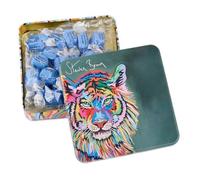 Gardiners of Scotland | Decoraciones de tigre en lata de metal | Dulces de fudge ingleses con caramelo salado - 200 g | Lata de fudge con estampados de animales Savannah