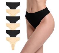 GAREDOB Thongs For Women Plus Size Panties Tummy Control Underwear Ribbed Cotton Black Khaki Size XL Pack 6