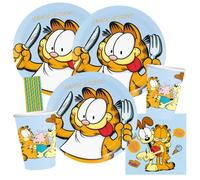 Garfield - Juego de 36 platos de papel, vasos y servilletas + 8 pajitas para cumpleaños infantiles
