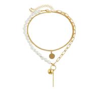 Gargantilla de cadena en capas de perlas y tono dorado, joyería de campana y disco