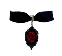 Gargantilla de terciopelo negro con flor de rosa roja oscura para mujer, estilo gótico, vintage, victoriano, cristal, collar con colgante de cristal, collar de declaración sexy, camafeo, punk, bruja