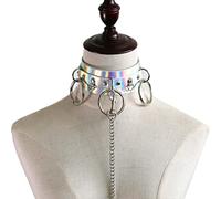 Gargantilla gótica, collar de cuero de PU, cadena de gargantilla gótica punk rock con 3 juntas tóricas grandes y cadenas de correa, arnés de cuello SM ancho, esclavitud erótica, coqueteo