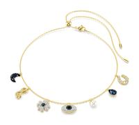 Gargantilla Symbolica, Perla de cristal, Luna, símbolo del infinito, trébol, ojo turco y herradura, Azul, Acabado en oro de 18 quilates OS