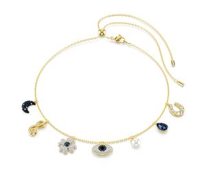 Gargantilla Symbolica, Perla de cristal, Luna, símbolo del infinito, trébol, ojo turco y herradura, Azul, Baño tono oro OS