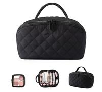 garhomtur - Bolsa de maquillaje de viaje para mujer, bolsa de cosméticos plana y abierta, bolsa acolchada hinchada, bolsas de aseo con compartimento para cepillos y asa, Black, Informal