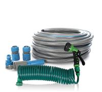 GARIOUANS Manguera Enrollable Extensible para Jardín y Lavado de Coches Resistente y Multifunción con Rociador Flexible y Compatible con Conexiones Estándar