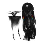 GARIOUANS Peluca y Barba Postizas Para Hombre Tamaño Único Parche De Pirata, Disfraz Para Halloween y Fiestas Temáticas, Set De 3 Piezas Para Cosplay De Pirata