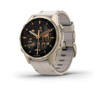 Garmin Fenix 8-43 mm, Acero Inoxidable Dorado Suave de Zafiro con Banda de Cuero Gris Niebla más Banda de Silicona Gris Niebla/Piedra Arenisca Oscura