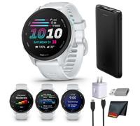 Garmin Forerunner 70 - Kit de reloj inteligente GPS para correr (piedra | Pantalla AMOLED de 3 cm Garmin Coach, más de 80 aplicaciones deportivas Multi-GNSS + P-Bank + cargador de pared USB + paño de