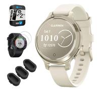 Garmin Lily 2 Active Smartwatch, Lunar Gold con banda de silicona de hueso con paquete de protección de 2 años + cubierta antipolvo de silicona (paquete de 3) + protector de pantalla de vidrio