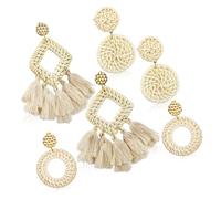 Garneck 3 pares Pendientes de Ratán Trenzados Ligeros para Mujer y Niña de Pendientes Colgantes Bohemios de Paja con Diseño de Círculos Cuadrados y Gotas Accesorios Veraniegos para