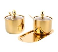 Garneck Caja de Condimentos con Bandeja, Tarro para Condimentos de 400 Ml/13,5 Oz, Acero Inoxidable Dorado, con Tapa de Cristal y Cuchara, para Cocina y Picnics al Aire Libre