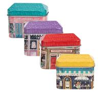 Garneck Cajas de Hojalata Diseño de Casas, 4 Unidades Pequeñas para Almacenamiento de Dulces, Galletas y Té, Contenedores Decorativos para Fiestas y Hogar, Cajas de Estilo Aleatorio