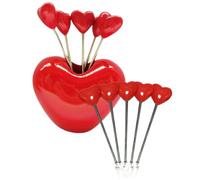 Garneck Set de Tenedores para Frutas con Mango de Metal, Resistentes y Ligeros, en Color Rojo con Soporte, Ideales para Aperitivos y Postres en Familia