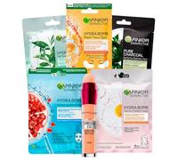 Garnier 3x Mascarillas Faciales de Tela Hydra Bomb Granada The Verde Manzanilla + 1x Mascarilla de Carbón Vegetal + 1x Mascarilla de Ojos Anti Fatiga + 1x Corrector Líquido que Borra la Edad 02 Nude