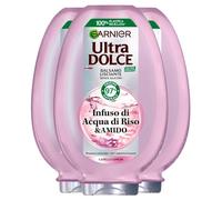 Garnier Acondicionador para cabello largo ultra dulce con infusión de agua de arroz y almidón hidratante, tonificante, vegano, con ingredientes 97% de origen natural, 3 botellas de 360 ml