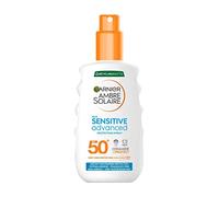 Garnier Ambre Solaire SPF 50+ Sensitive Advanced Sun Cream Spray, Factor 50, Protector solar resistente al agua y no graso, Sin fragancia, Protección UVA y UVB, Aprobado por Cruelty Free International