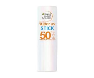 Garnier Ambre Solaire Super UV stick SPF50+, protege contra daños UV con hidratación de hasta 8H, con manteca de karité y vitamina E, acabado invisible, no grasoso, 9 ml