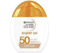 Garnier Ambre Solaire Super UV Water-Fluid SPF 50 - Crema solar tintada para la cara, 12 horas de frescura y secado al tacto, se absorbe rápidamente, brillo radiante y no graso, 40 ml
