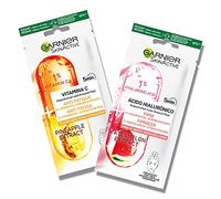 Garnier - Ampoule mask pack x4 mascarilla de tejido reafirmante con ácido hialurónico & sandía y mascarilla de tejido anti fatiga con vitamina cg & piña