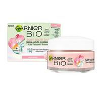 Garnier Bio Rosy Glow Crema hidratante rosa 3 en 1, nutritiva, reafirmante e iluminante, enriquecida con aceite de rosa mosqueta orgánica y vitamina C, fórmula vegana, 50 ml