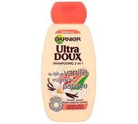 Garnier Champú Ultra Doux 2 en 1 para pelo largo y puntas frágiles, leche de vainilla y pulpa de papaya, 250 ml, lote de 3