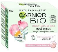 Garnier Crema facial para piel cansada sin radiación, para un brillo juvenil, cuidado y firmeza, con aceite de rosa mosqueta orgánico y vitamina C, Garnier Bio Rosy Glow 3 en 1, 50 ml