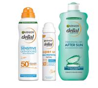 GARNIER | Delial Pack Sensitive Advanced Bruma Protectora Solar para pieles claras, sensibles e intolerantes al sol IP50+ + SUPER UV FPS50+ Bruma Protectora Facial con Textura Invisible + After Sun